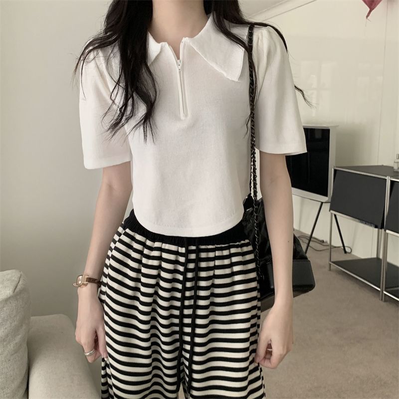Short-Sleeve Collared Top Knit Zip Half