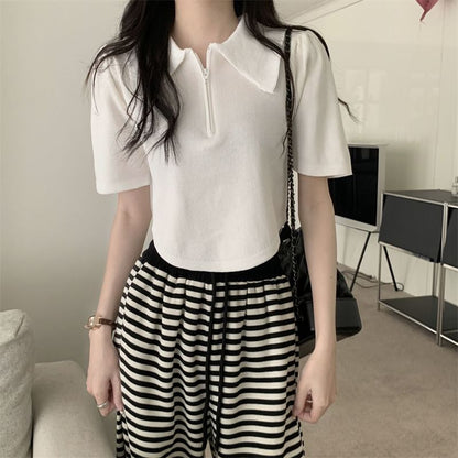 Short-Sleeve Collared Top Knit Zip Half