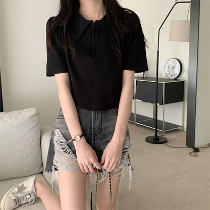 Short-Sleeve Collared Top Knit Zip Half