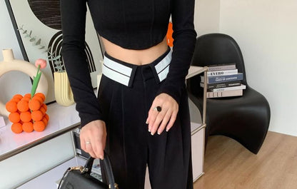 Wide High Waist Leg Pants Pleated Striped Suit
