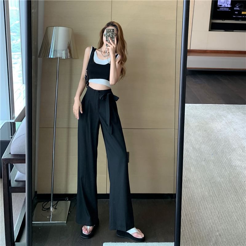 Tie-Up Pants Wide Leg Dress Plain High Waist