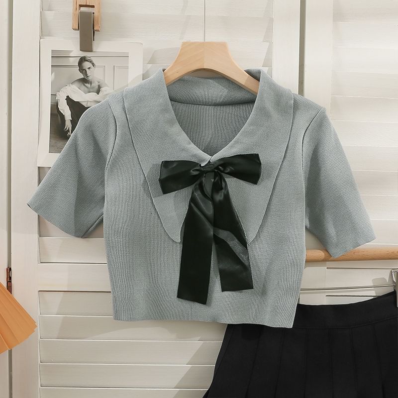 Collared Bow Top Crop Knit Short-Sleeve