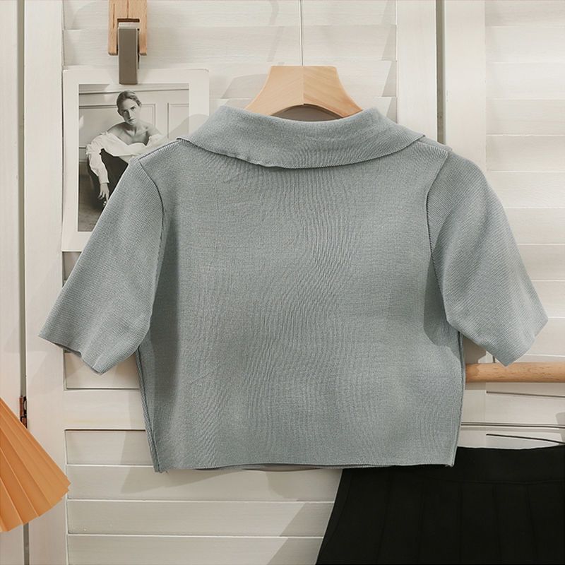 Collared Bow Top Crop Knit Short-Sleeve
