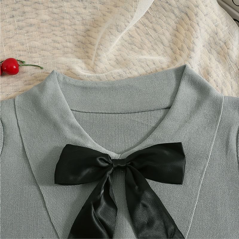 Collared Bow Top Crop Knit Short-Sleeve