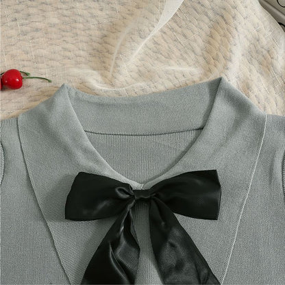 Collared Bow Top Crop Knit Short-Sleeve