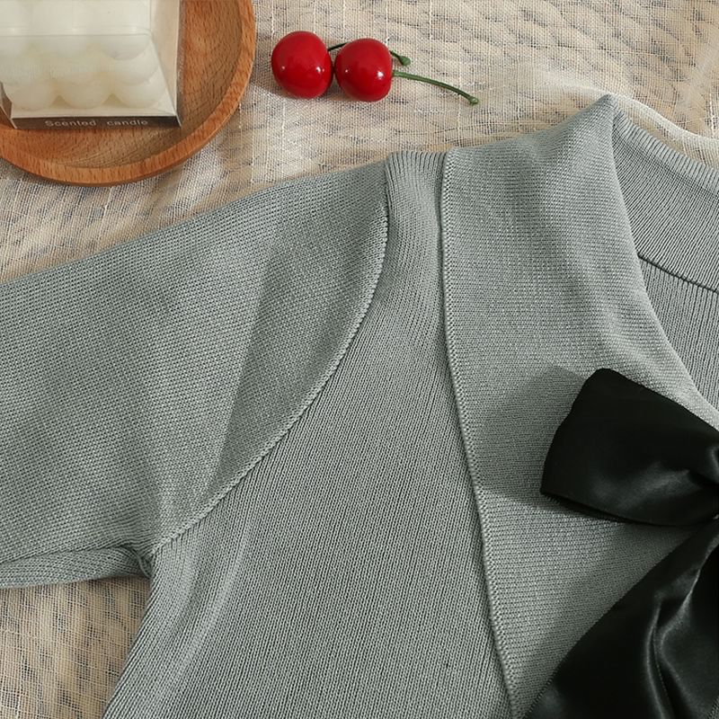 Collared Bow Top Crop Knit Short-Sleeve