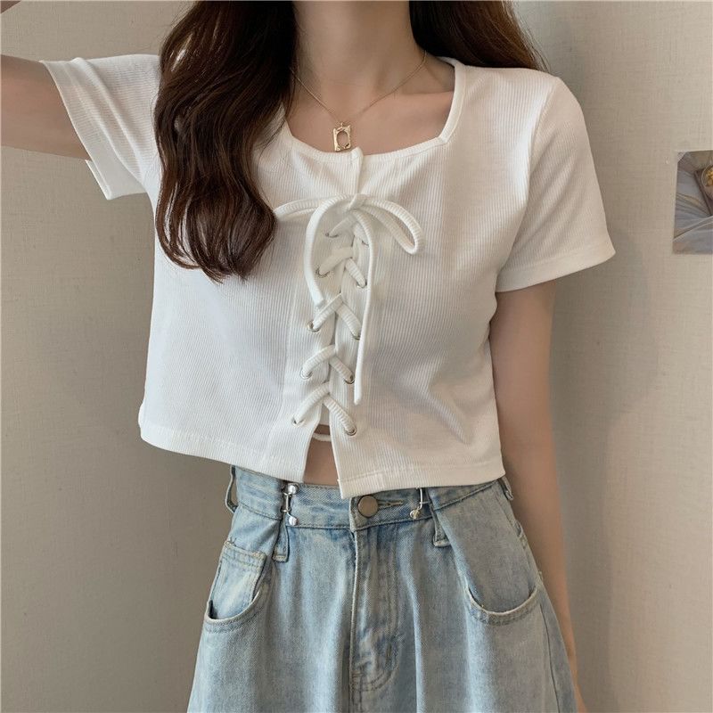 Up Lace Neck Square Plain Short-Sleeve Top