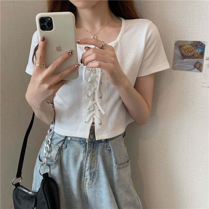 Up Lace Neck Square Plain Short-Sleeve Top