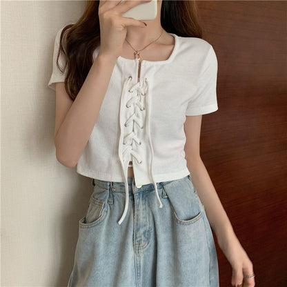 Up Lace Neck Square Plain Short-Sleeve Top