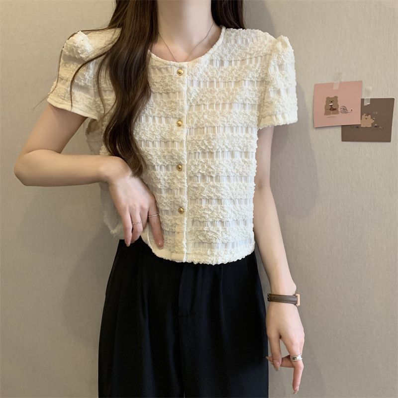 Frill Neck Button Round Plain Short-Sleeve Top