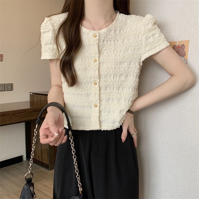 Frill Neck Button Round Plain Short-Sleeve Top