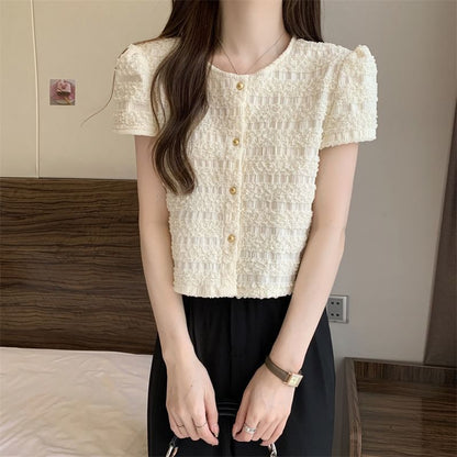 Frill Neck Button Round Plain Short-Sleeve Top