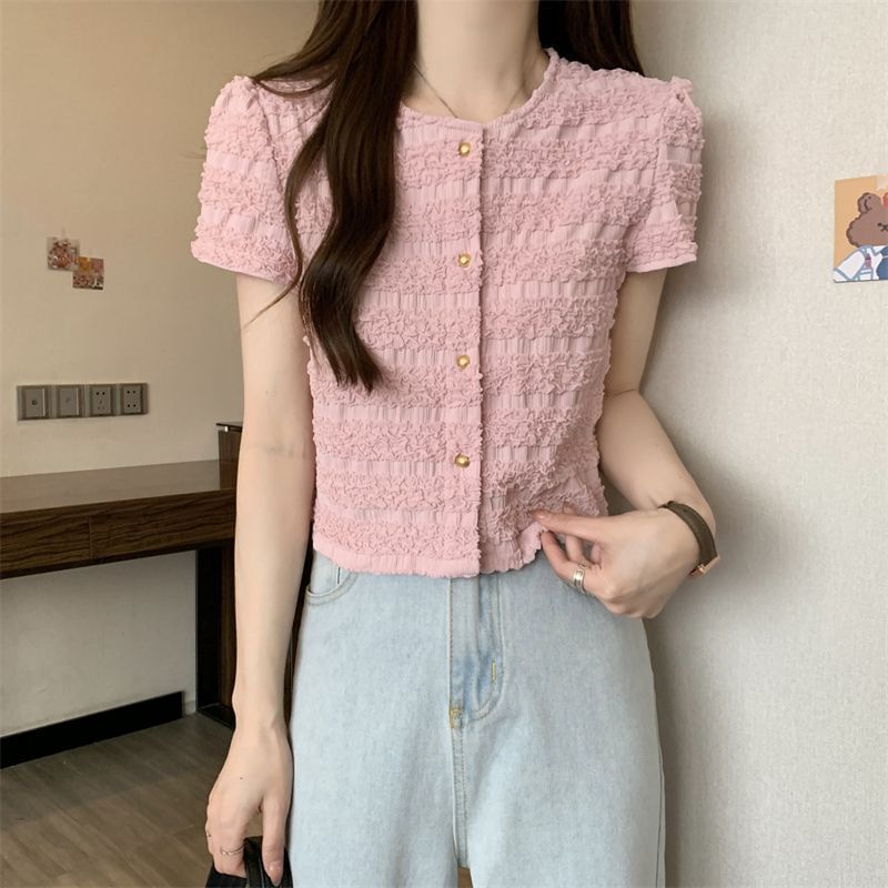 Frill Neck Button Round Plain Short-Sleeve Top