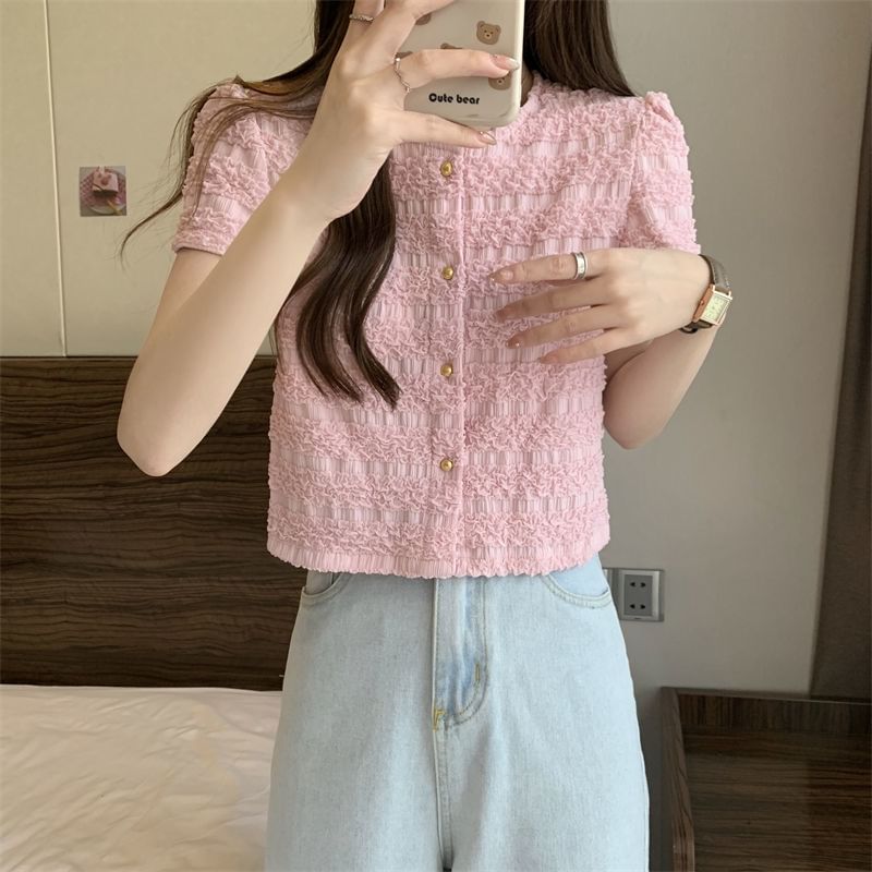 Frill Neck Button Round Plain Short-Sleeve Top