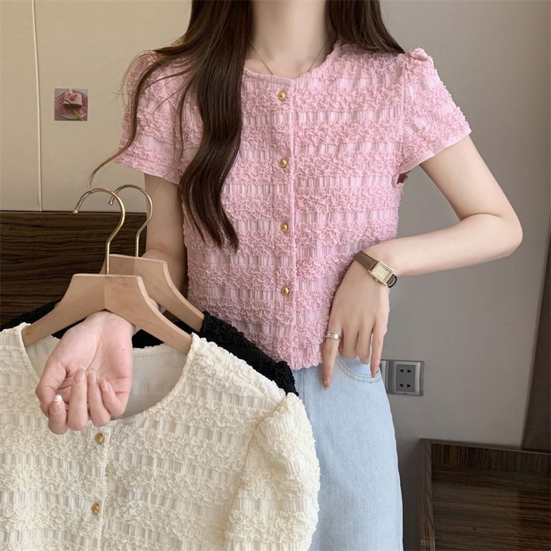 Frill Neck Button Round Plain Short-Sleeve Top