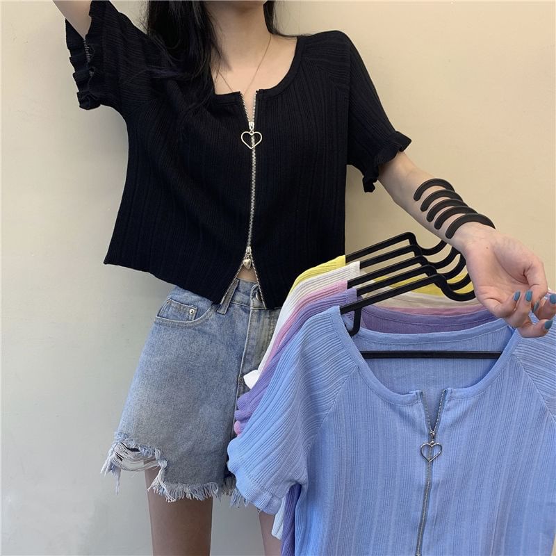 Ribbed Plain Round Zip Neck Cardigan Short-Sleeve