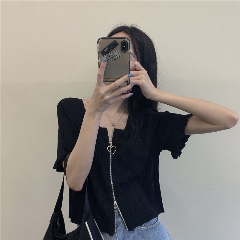 Ribbed Plain Round Zip Neck Cardigan Short-Sleeve