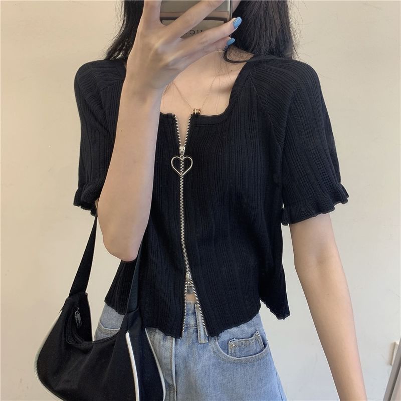 Ribbed Plain Round Zip Neck Cardigan Short-Sleeve