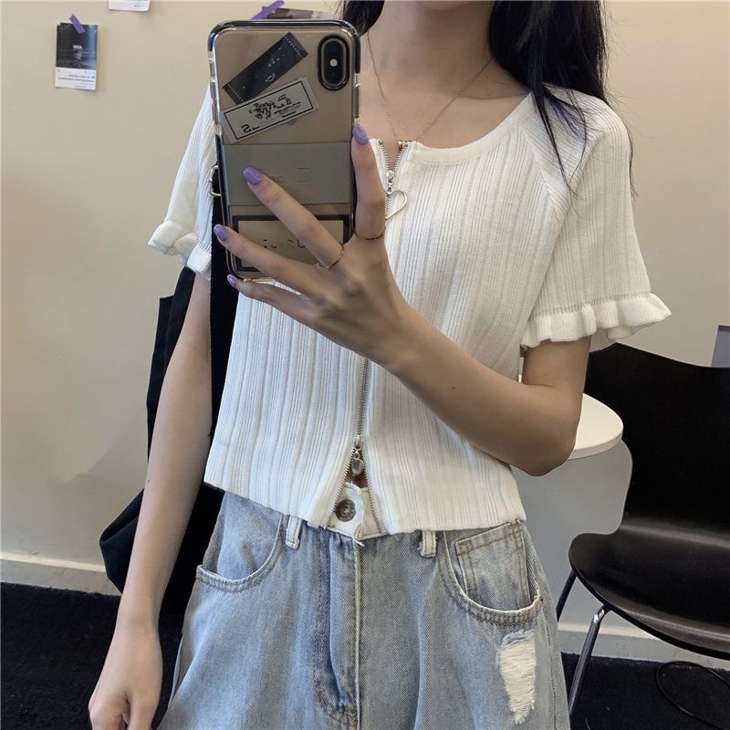 Ribbed Plain Round Zip Neck Cardigan Short-Sleeve