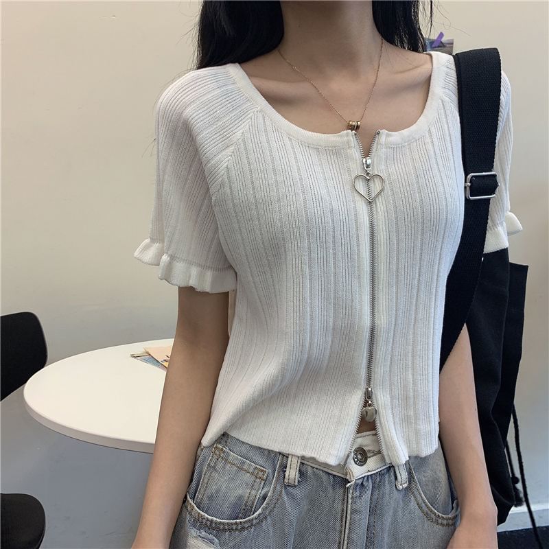 Ribbed Plain Round Zip Neck Cardigan Short-Sleeve