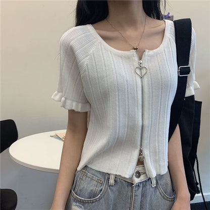 Ribbed Plain Round Zip Neck Cardigan Short-Sleeve