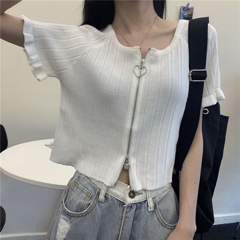 Ribbed Plain Round Zip Neck Cardigan Short-Sleeve