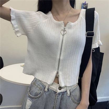 Ribbed Plain Round Zip Neck Cardigan Short-Sleeve