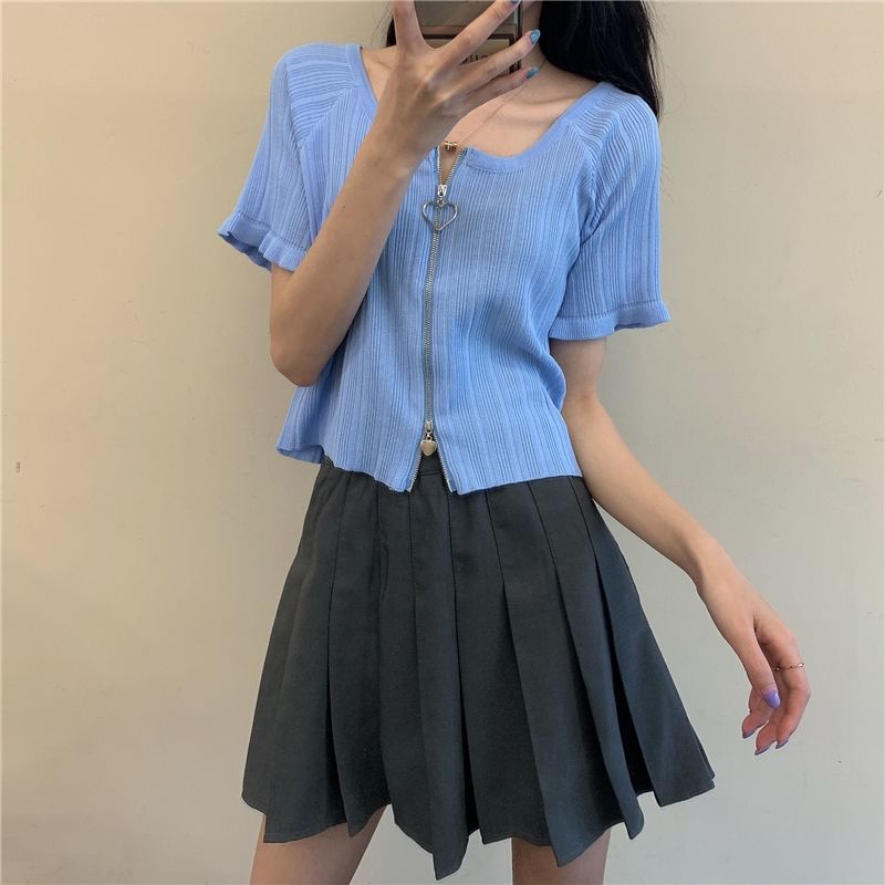 Ribbed Plain Round Zip Neck Cardigan Short-Sleeve