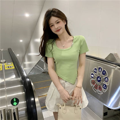 Asymmetrical Short-Sleeve Plain Tee Neck Crew