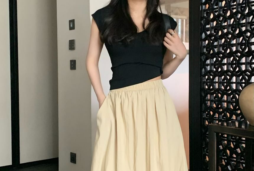 Maxi A-Line Skirt Elastic Waist Plain