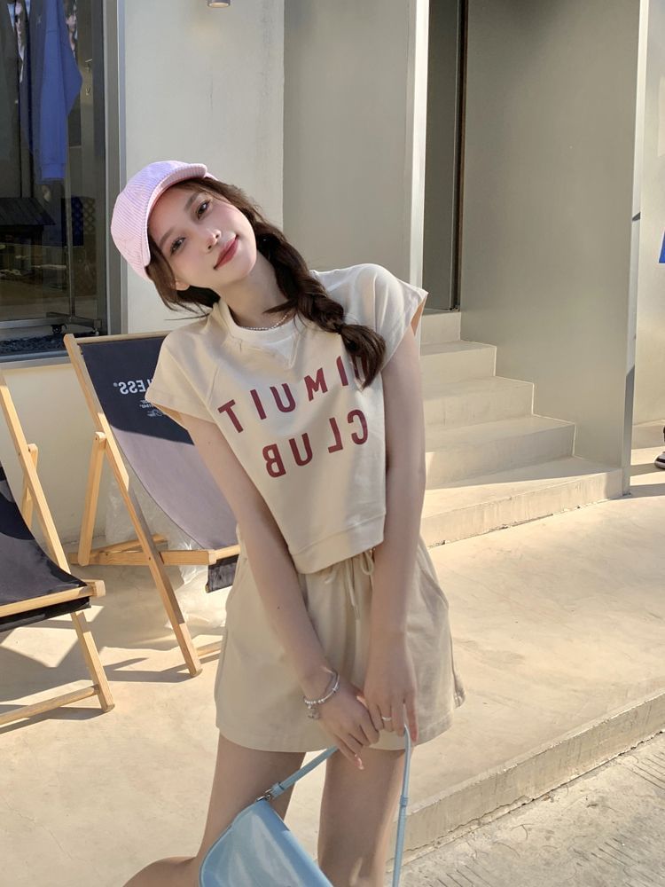 T-Shirt Print Crew Shorts Plain Lettering Neck Drawstring Set: Short-Sleeve + Waist