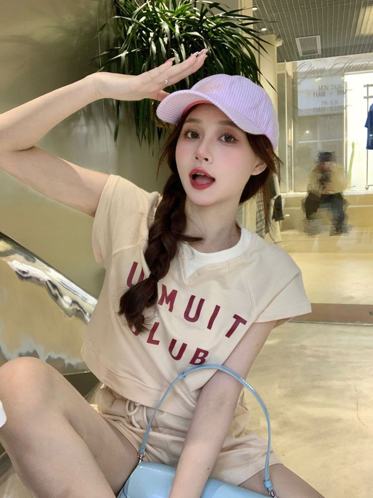 T-Shirt Print Crew Shorts Plain Lettering Neck Drawstring Set: Short-Sleeve + Waist