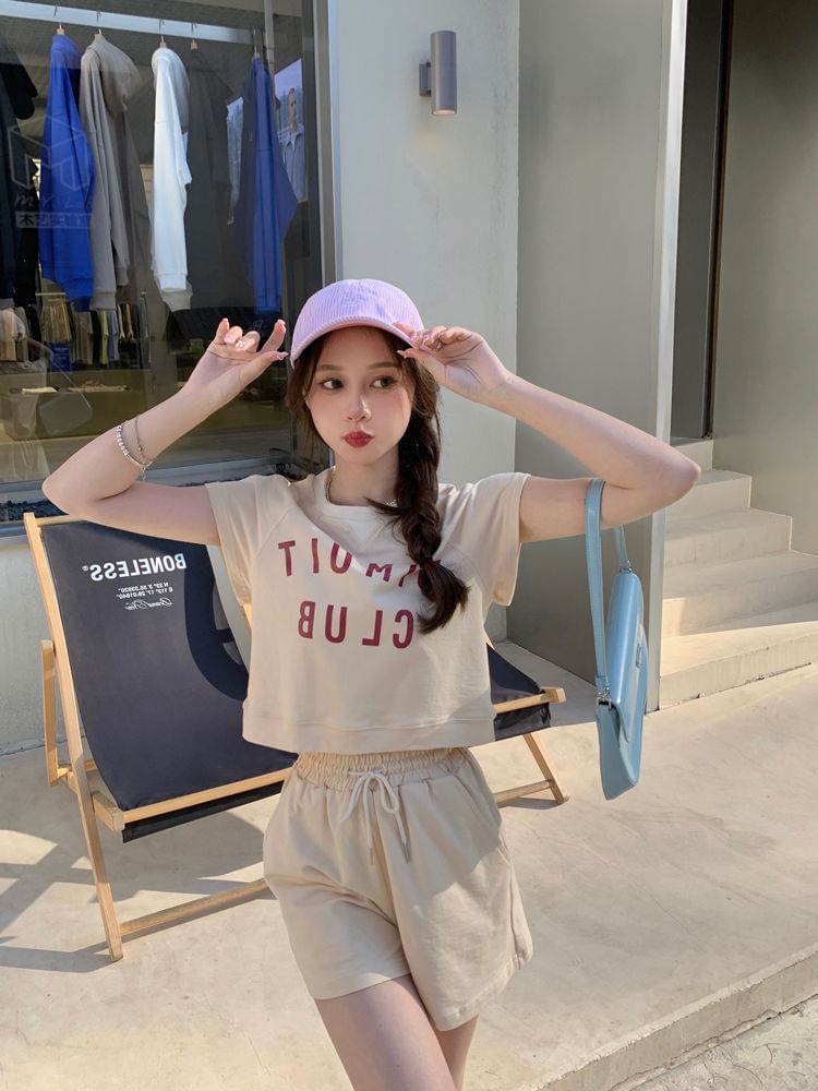 T-Shirt Print Crew Shorts Plain Lettering Neck Drawstring Set: Short-Sleeve + Waist