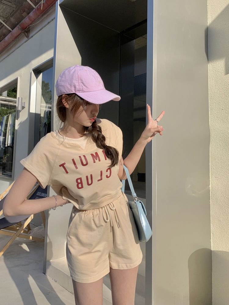 T-Shirt Print Crew Shorts Plain Lettering Neck Drawstring Set: Short-Sleeve + Waist