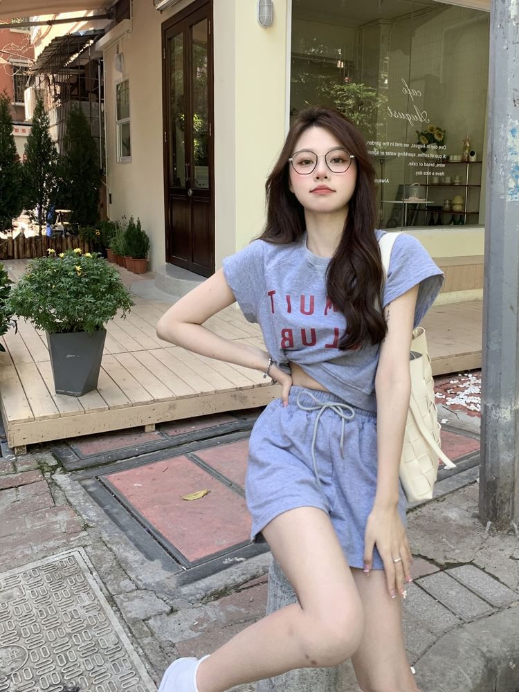 T-Shirt Print Crew Shorts Plain Lettering Neck Drawstring Set: Short-Sleeve + Waist