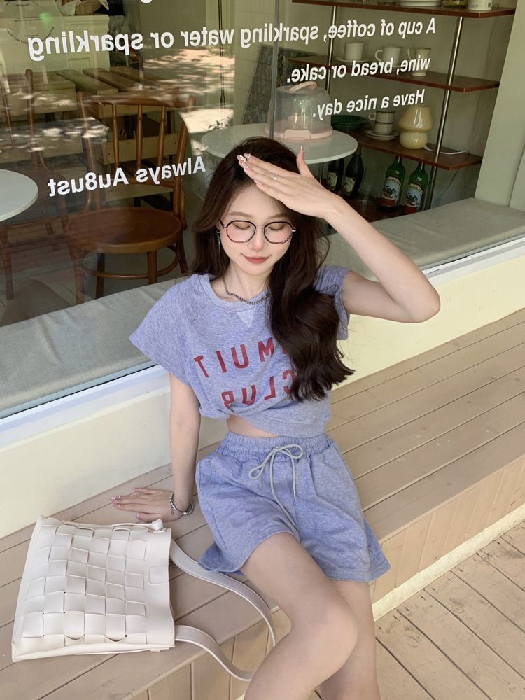 T-Shirt Print Crew Shorts Plain Lettering Neck Drawstring Set: Short-Sleeve + Waist