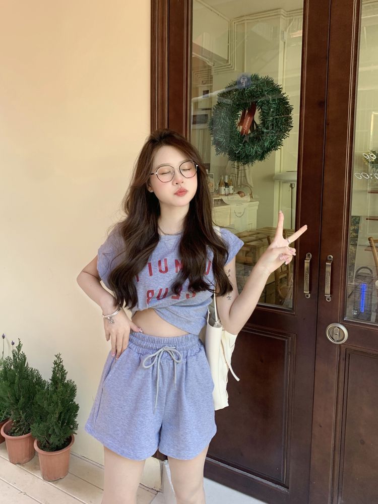 T-Shirt Print Crew Shorts Plain Lettering Neck Drawstring Set: Short-Sleeve + Waist