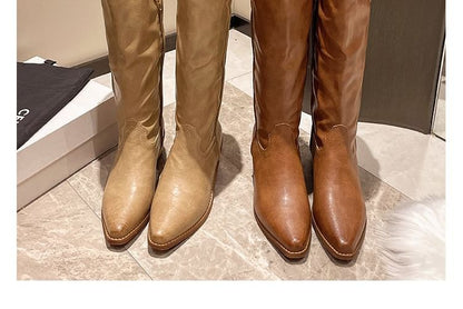 Faux Leather Heel Tall Boots Chunky