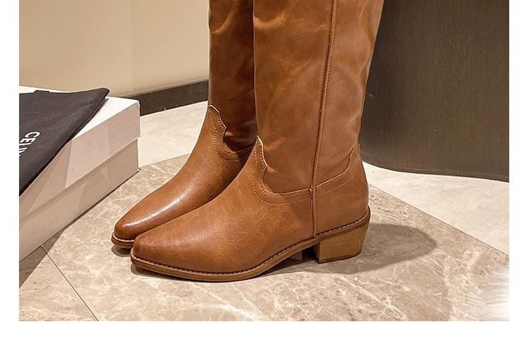 Faux Leather Heel Tall Boots Chunky