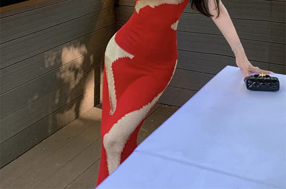 Bodycon Neck Back Open Sleeveless Patterned Dress Maxi Scoop
