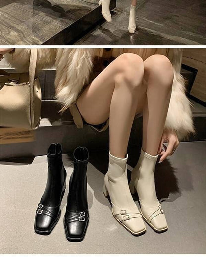 Sample Square-Toe Chunky Heel Buckled Short Boots