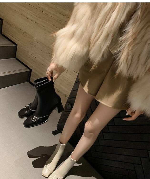 Sample Square-Toe Chunky Heel Buckled Short Boots