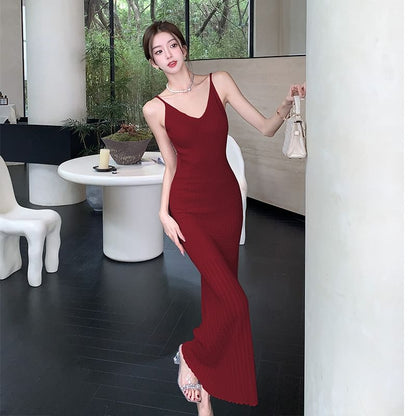Strap Maxi Dress Spaghetti V-Neck Bodycon Plain