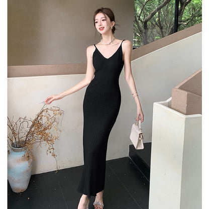 Strap Maxi Dress Spaghetti V-Neck Bodycon Plain