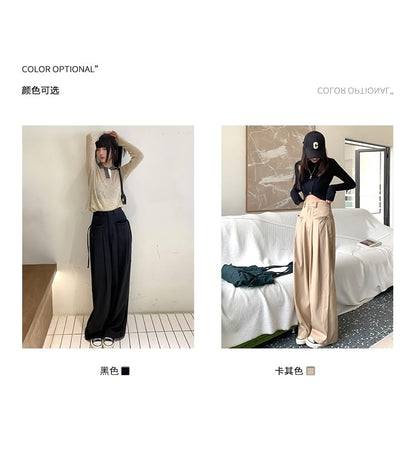 Suit Pleated Pants Wide High Leg Plain Rise