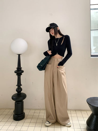 Suit Pleated Pants Wide High Leg Plain Rise