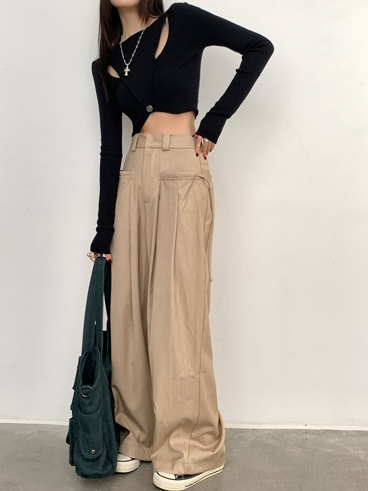 Suit Pleated Pants Wide High Leg Plain Rise