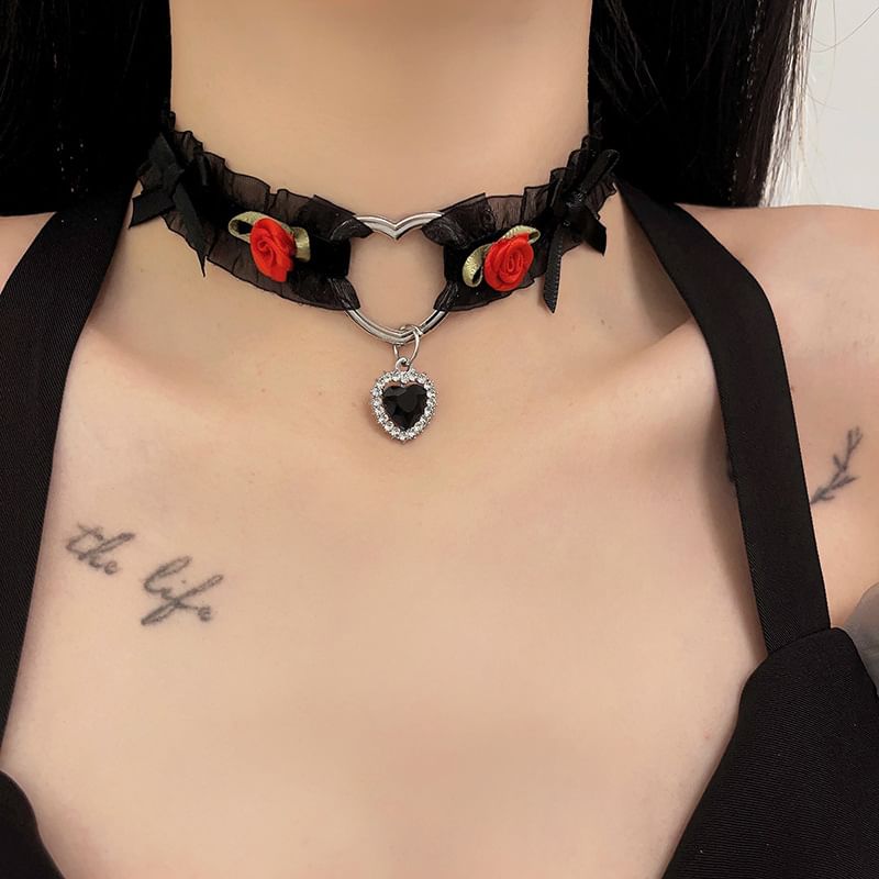 Rose Bow Heart Pendant Tulle Choker