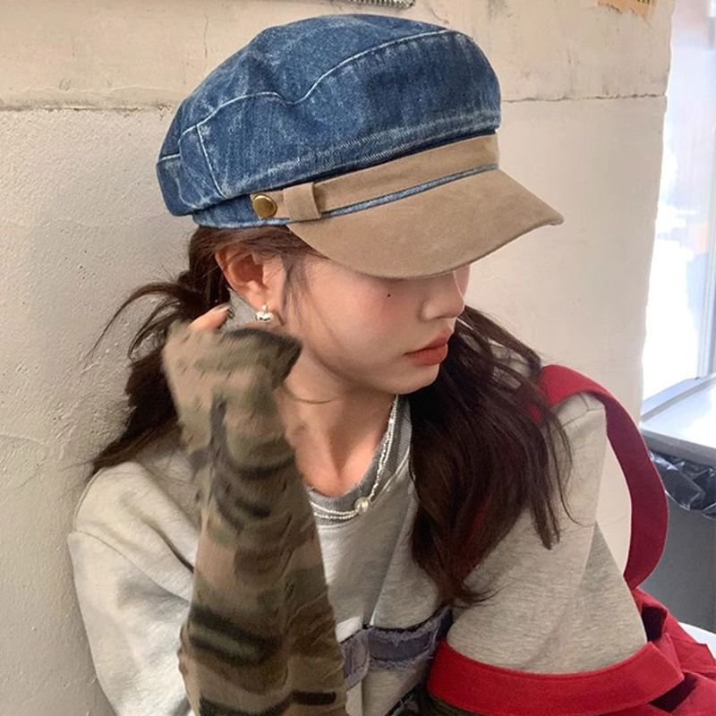 Panel Sailor Cap Suede Faux Washed Denim