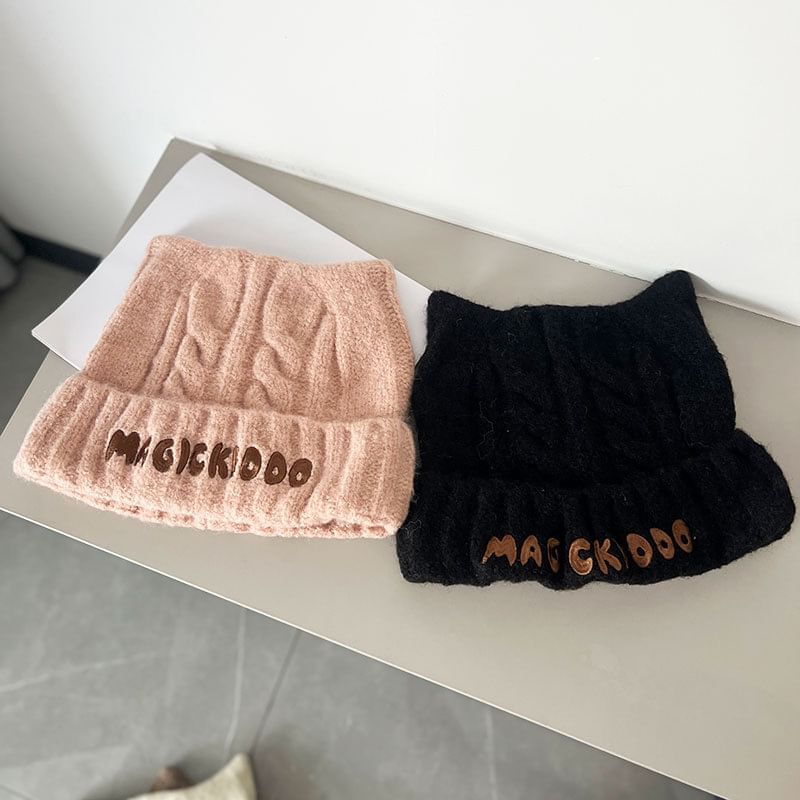 Beanie Cable Embroidered Lettering Knit